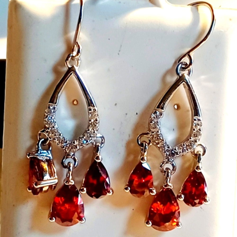 925 Sterling Silver Garnet Chandelier 3 Dangle Earrings 2” Long